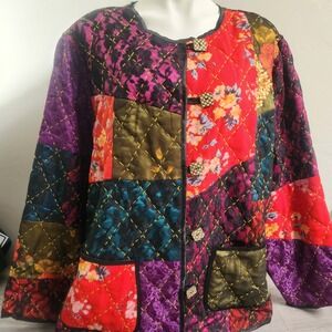 Indigo Moon Quilted‎ Patchwork Jacket  Size 2X Floral Brocade Kimono Colorblock